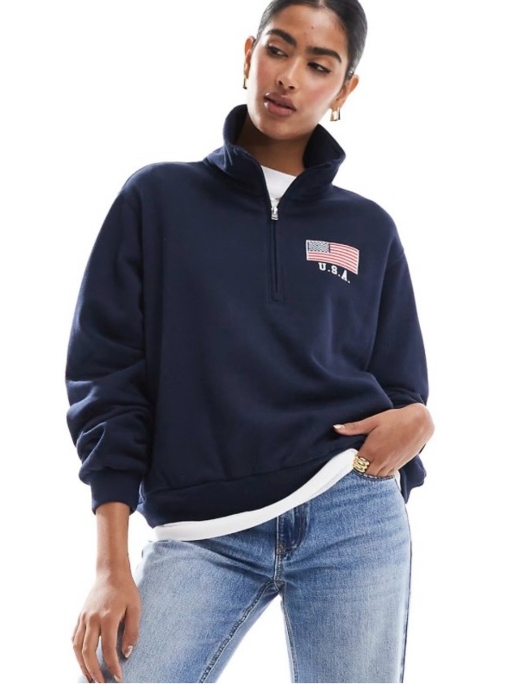 Hollister Quarter-Zip Pullover boxy fit USA Flag embroidered Detail size large